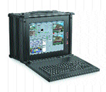 A black ruggedized portable computer with an integrated screen and keyboard in a protective case.