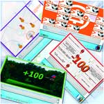 Collage of digital screens displaying a +100 green text, a -100 red text, and various colorful graphics.