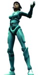 A person wearing full-body teal futuristic armor standing with one arm raised against a white background.