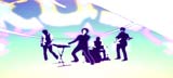 Silhouettes of four band members performing on stage against a bright, multicolored abstract background.