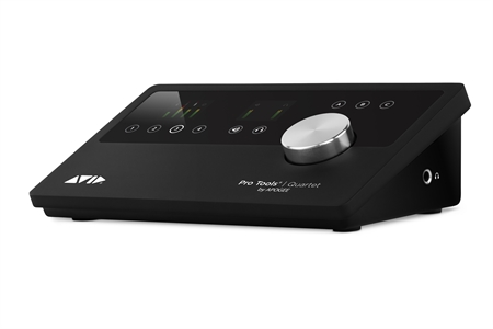 Black Avid Pro Tools Quartet audio interface with a silver control knob and digital display.