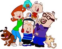 Cartoon of a smiling family, a dog, and a cat against a white background.