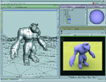 A computer interface displaying a wireframe gorilla model and a rendered purple gorilla model.