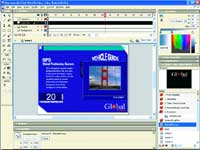 Graphic design software interface showing a blue brochure design with a photo of a bridge.