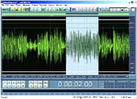 A digital audio editing interface showing a green waveform on a black background.
