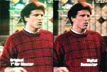 Side-by-side comparison of a man in a red sweater, showing original film versus a digital remaster.
