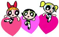Three cartoon girls with large eyes sitting on pink hearts against a white background.
