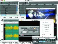 Multiple overlapping windows of digital audio workstation software showing waveforms and mixing controls.