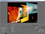 A software interface showing multiple colorful, abstract graphic panels on a dark background.