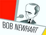 Caricature of a man in a suit with a microphone, above the text BOB NEWHART.