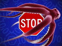 A reddish, multi-tentacled creature wrapping its limbs around a red octagonal stop sign.