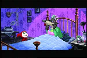 Animated wolf in a green dress stands by a bed next to a small red character in a purple room.