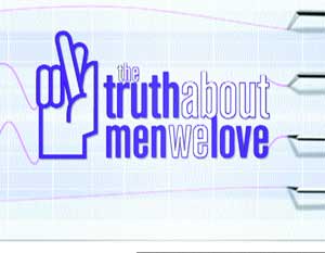 Blue text reading 'the truth about men we love' next to a hand icon making a peace sign.