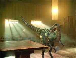 A large, green-scaled dinosaur stands in a dusty, sunlit room next to a wooden table.
