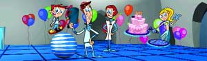 Animated characters stand around a disco ball with balloons and a pink cake in a blue room.