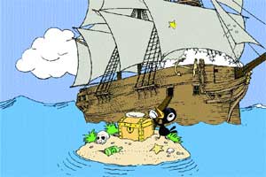 Cartoon illustration of a wooden pirate ship sailing near a tiny island containing a treasure chest and a skull.
