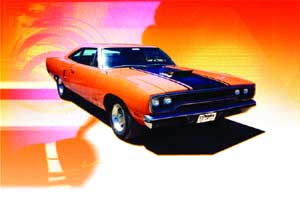 An orange classic muscle car with a black hood stripe positioned against a bright orange and pink background.