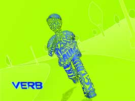 A blue silhouette of a person made of words standing against a bright lime green background.