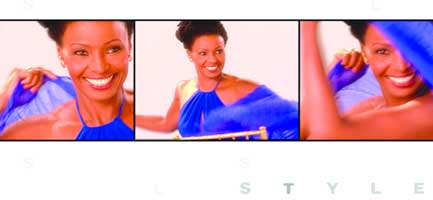 Three close-up shots of a smiling woman wearing a bright blue halter dress against a light background.
