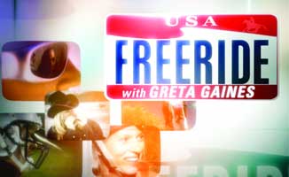 Logo for USA Freeride with Greta Gaines over a collage of various images.
