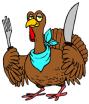 Cartoon turkey wearing a bandana and holding a fork in one hand and a knife in the other, appearing ready to eat.