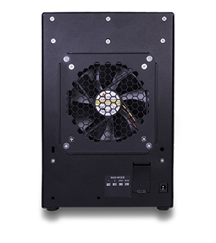 The rear view of a black rectangular electronic device featuring a central cooling fan and control switches.