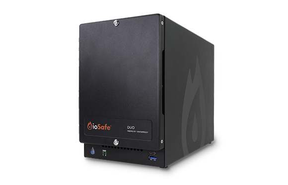 A black, rectangular ioSafe DUO waterproof data storage device shown at an angle against a white background.