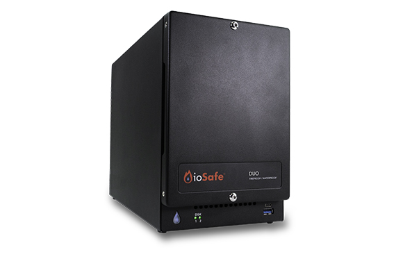 A black ioSafe DUO fireproof and waterproof security safe shown at an angle against a white background.