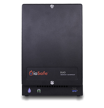 A black rectangular ioSafe DUO fireproof and waterproof external storage device.