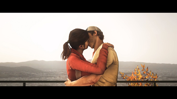 A man in a cap and a woman in a red jacket embrace and kiss against a hazy landscape.