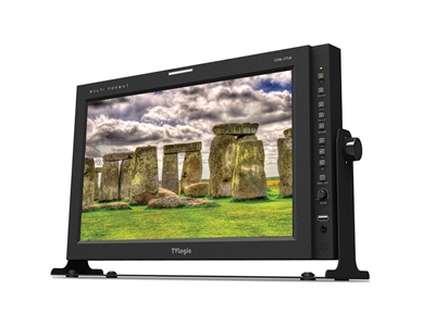 A black TVlogic monitor on a stand displaying a landscape photo of Stonehenge under a cloudy sky.
