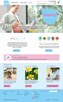 Website for NEED featuring a pregnant woman, product information, and customer testimonials.