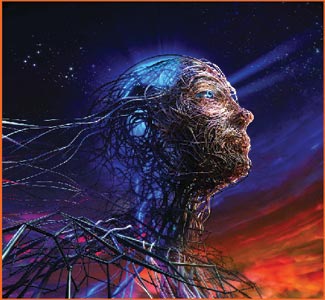 A profile of a human face made of intricate blue and silver wires amidst a starry, colorful nebula.