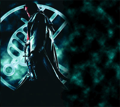 A person in a long dark coat holding a handgun in front of a glowing teal circular symbol.