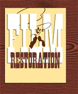 Logo with large white text 'FILM' and brown text 'RESTORATION' over a cowboy silhouette on a cream background.