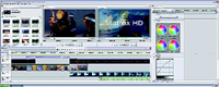 A computer screen displaying a video editing software interface with timelines, preview windows, and color wheels.