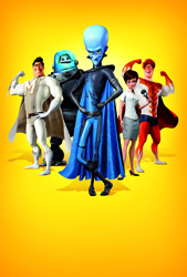 Five diverse animated characters, including a tall blue alien and a muscular hero, pose against a yellow backdrop.