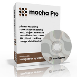 A white software box and a silver disc for mocha Pro by imagineer systems.