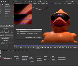Software interface showing a 3D orange duck model with tracking points and data windows.