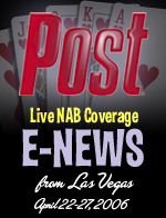 Graphic for E-NEWS Live NAB Coverage from Las Vegas, April 22-27, 2006, with playing cards in the background.