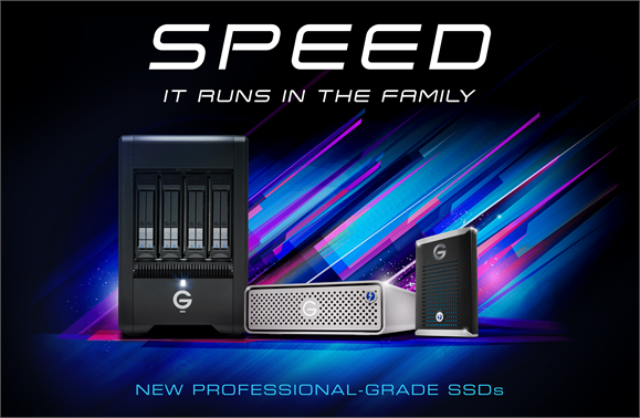 Promotional graphic for professional-grade SSDs with a black storage enclosure and two external drives.