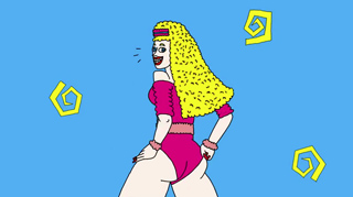 Cartoon illustration of a blonde woman in a pink swimsuit against a blue background with yellow spiral shapes.