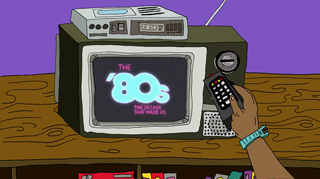 An animated hand points a remote at a retro television displaying 'The 80s' on a purple background.