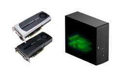 Two computer graphics cards positioned next to a black computer tower with green internal lighting.
