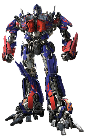 A tall, mechanical humanoid robot with blue and red plating and flame patterns standing against a white background.