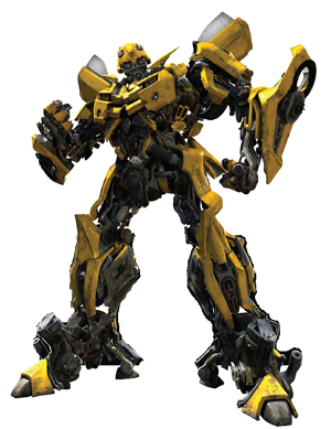 A large, yellow mechanical robot with complex armor plating and dark metallic joints standing against a white background.