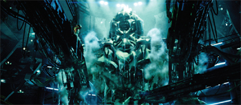 A giant, glowing robotic figure stands amidst thick white steam and complex machinery in a dark setting.