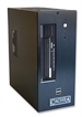 A black vertical desktop computer tower with a disc drive and power button.