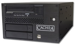 A black Cache-A computer tower with a disc drive, tape drive, and USB port.