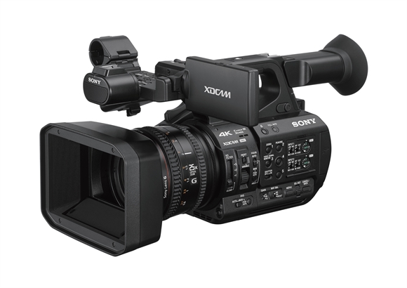 A black Sony XDCAM 4K professional video camera with a large lens and viewfinder against a white background.